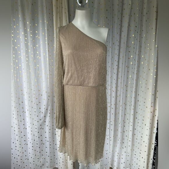 Bisou Bisou Asymmetrical One Shoulder Shimmer Shine Metallic Mini Dress 4 - Picture 3 of 6